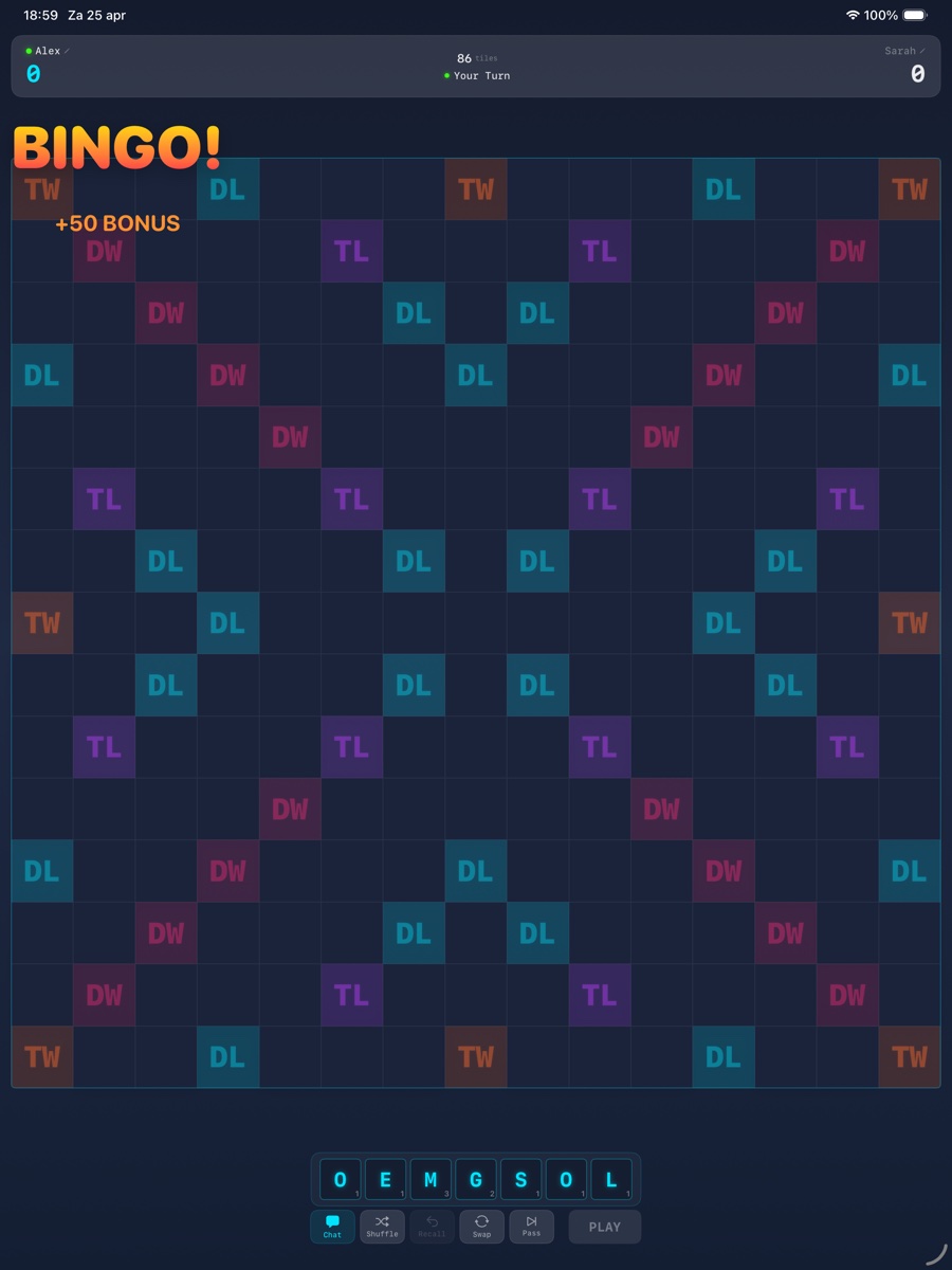 Bingo placement in Hieralex Words on iPad